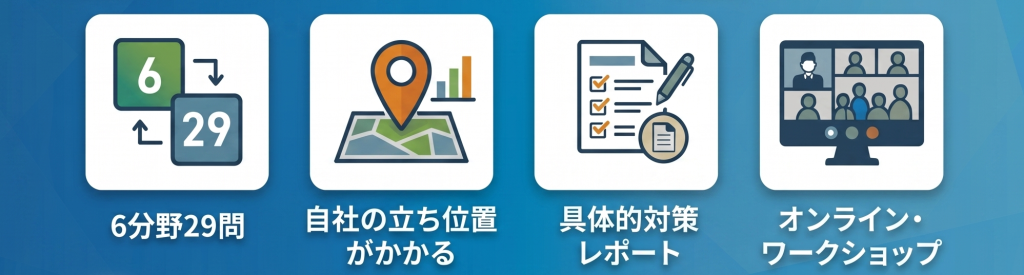 6分野29問/自社の立ち位置がかかる/具体的対策レポート/オンライン・ワークショップ